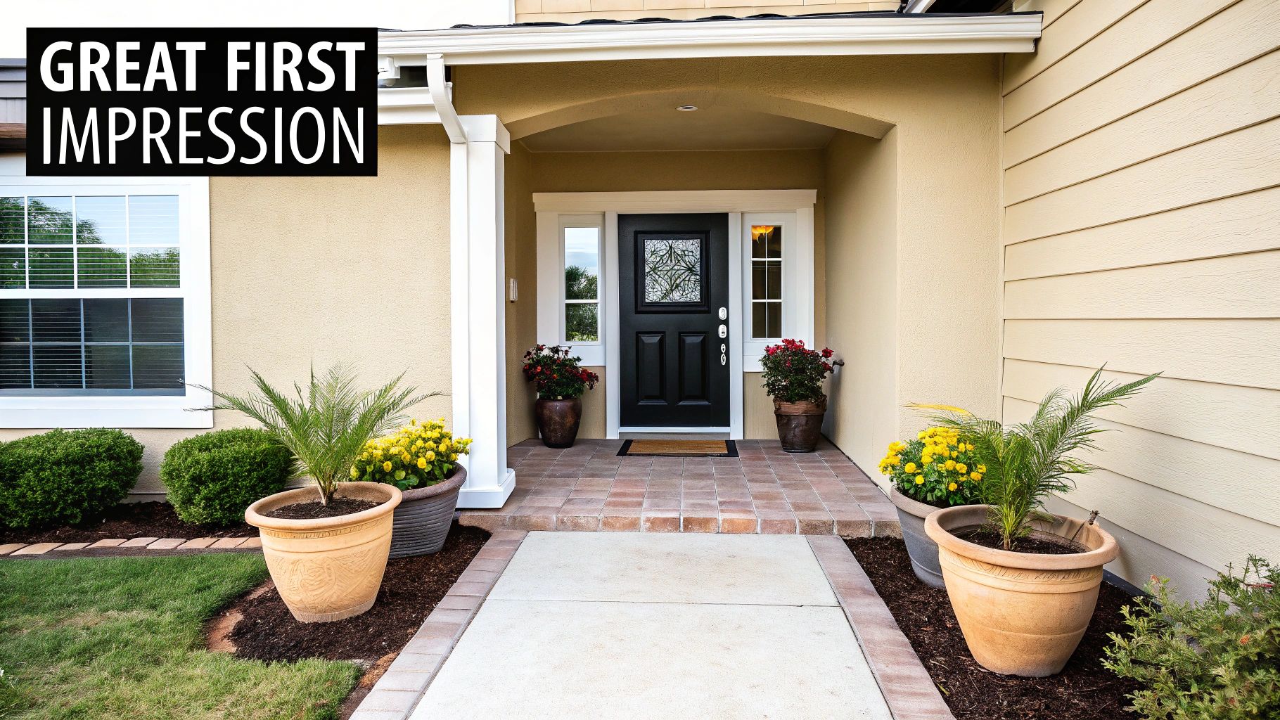 A welcoming house entrance with a black door, potted flowers, and a brick porch, showcasing great curb appeal.