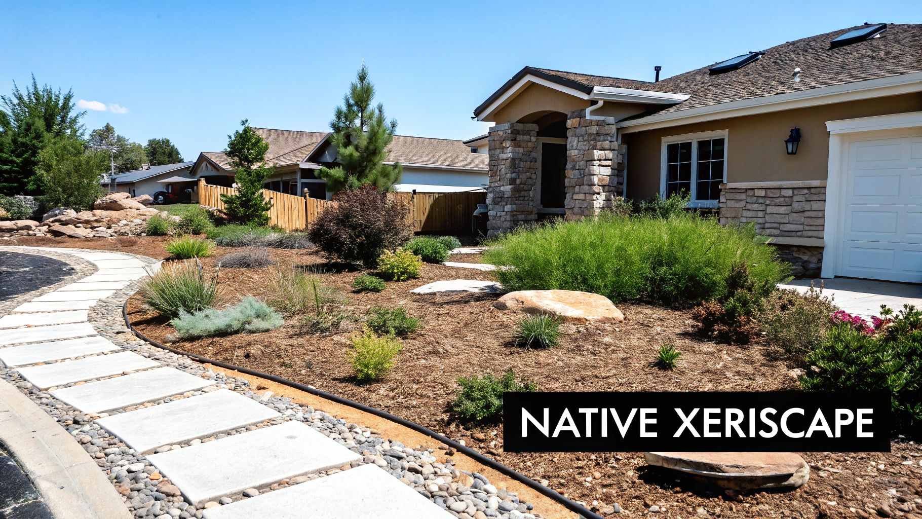 A house features native xeriscape landscaping with a stone pathway, drought-tolerant plants, and mulch.