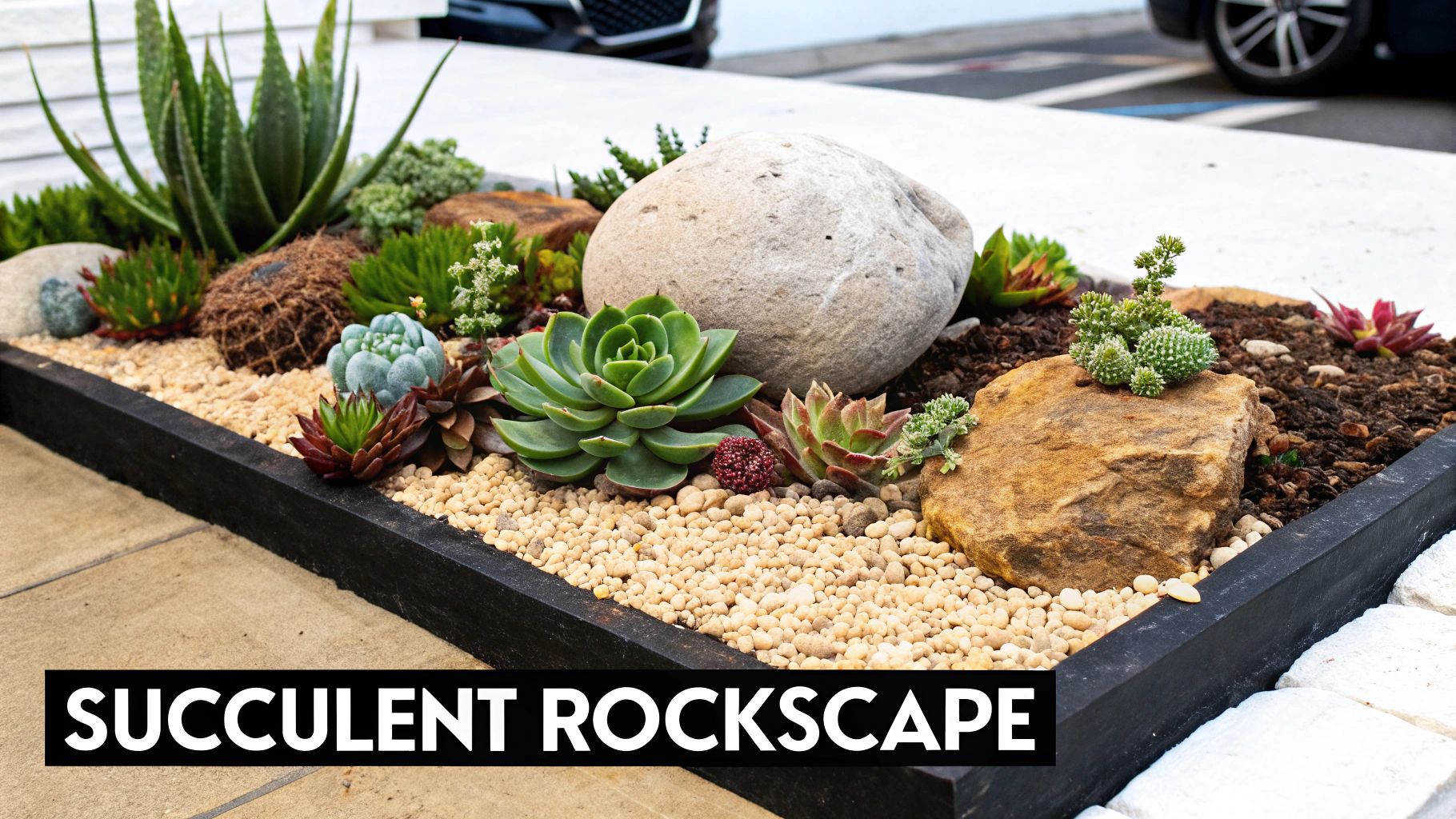 A beautiful raised garden bed featuring a variety of succulents, large rocks, and light pebbles.