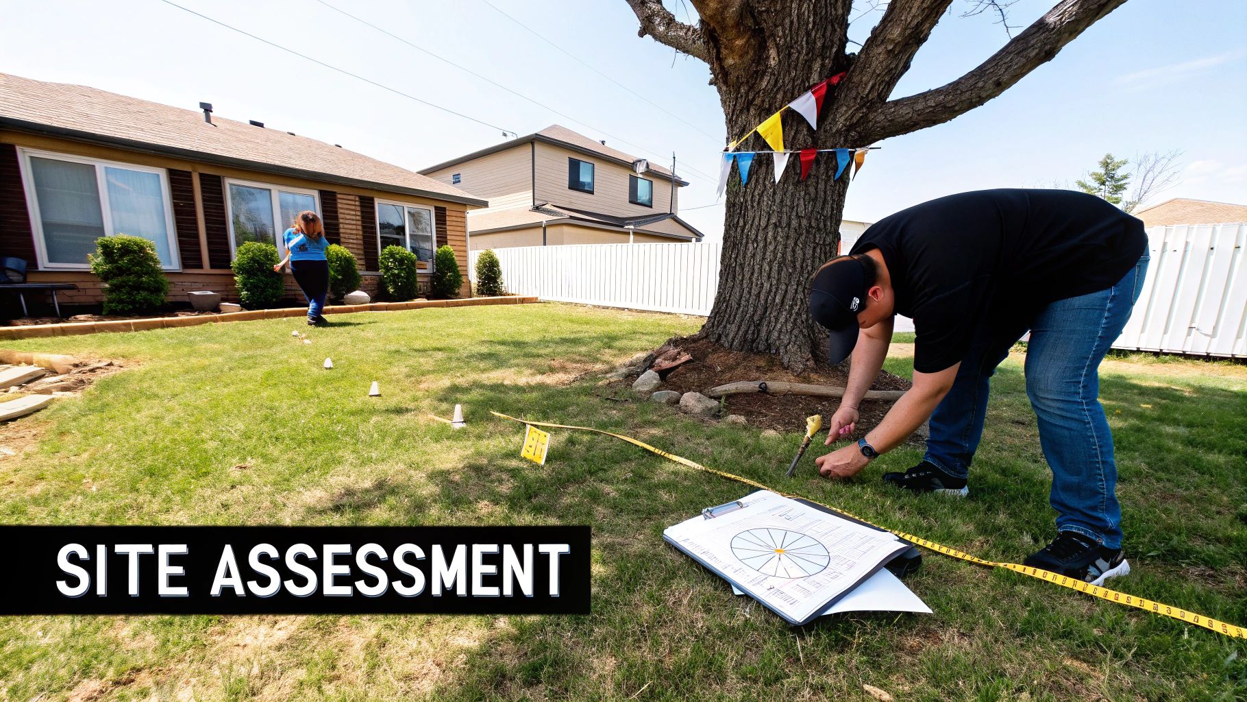 Experts conduct a detailed site assessment in a residential backyard, using measuring tools and cones.