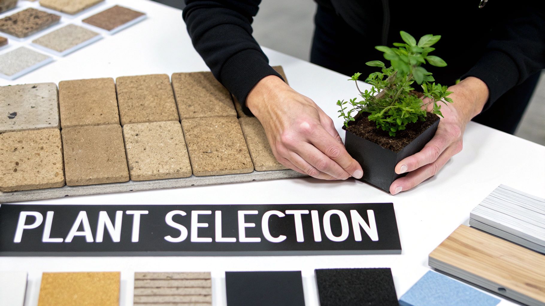 Hands hold a small potted plant on a white table with various material samples for design selection.
