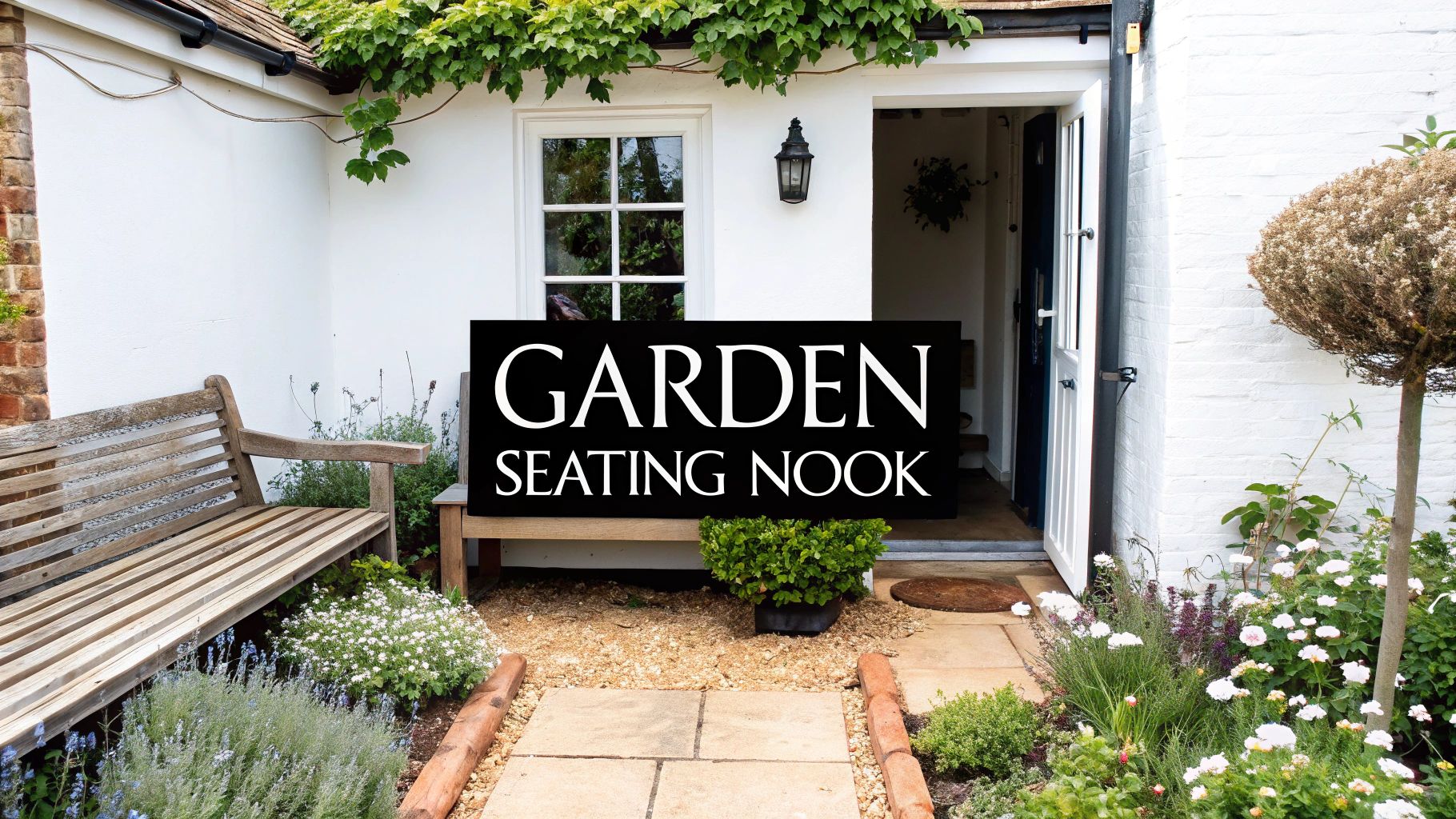 A charming cottage garden seating nook with wooden benches, blooming flowers, and a white house.