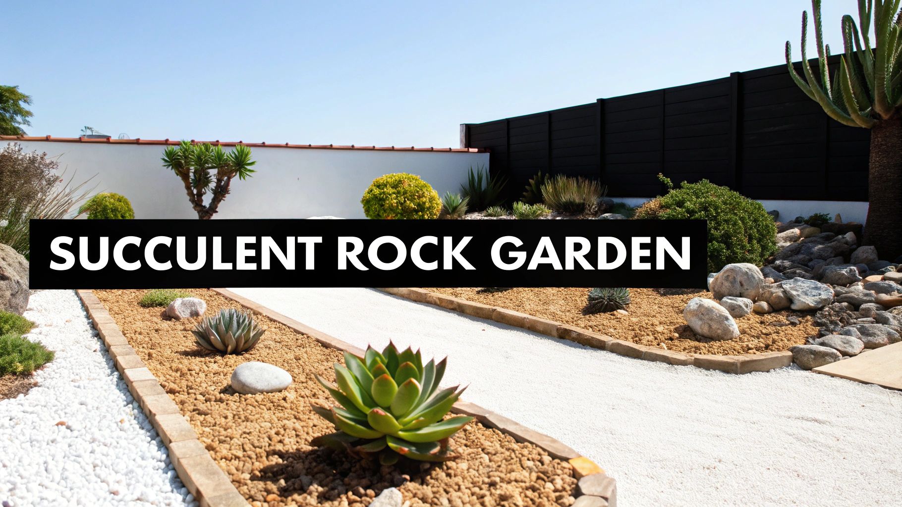 A beautifully designed succulent rock garden with a gravel path, various succulents, and decorative stones under a clear sky.