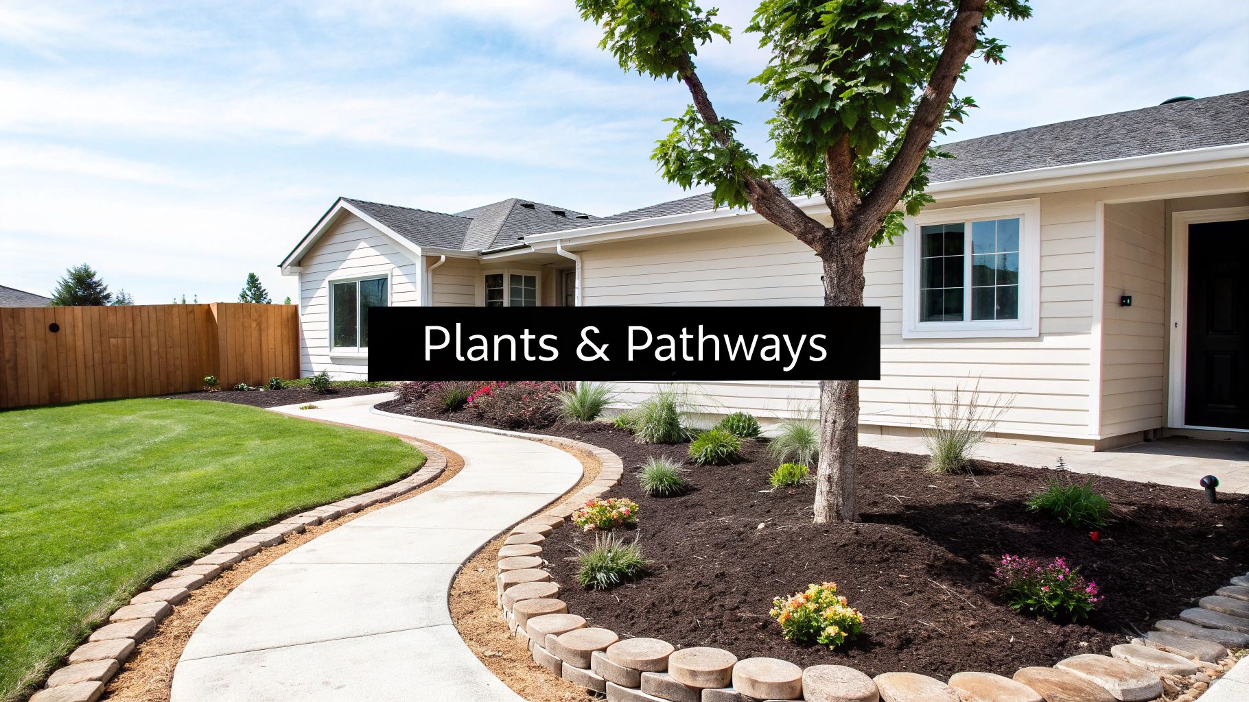 A beautiful front yard with a light-colored house, curving concrete pathway, green lawn, and various plants in mulched garden beds.