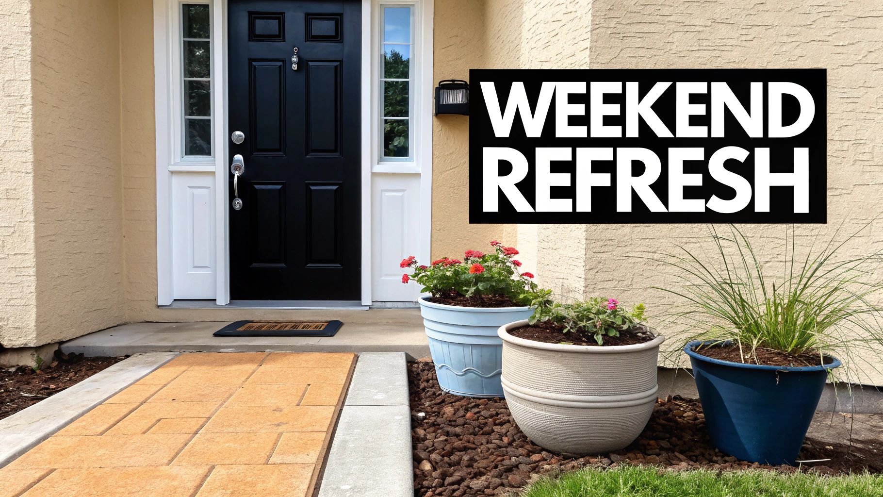 A refreshing home entrance featuring a black door, potted plants, and a 'Weekend Refresh' sign.