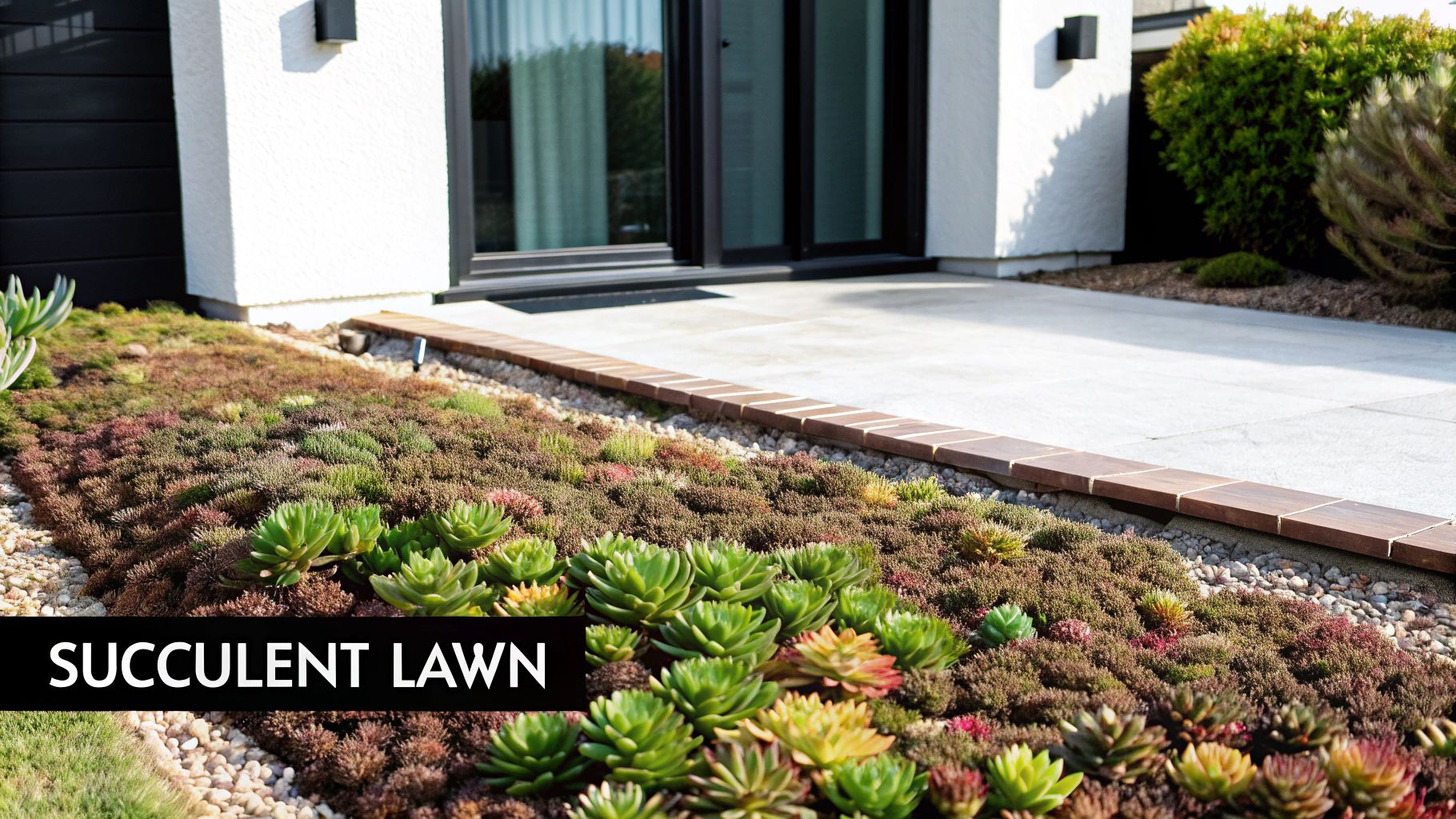 A modern home features a vibrant succulent ground cover replacing a traditional lawn, next to a concrete patio and gravel border.