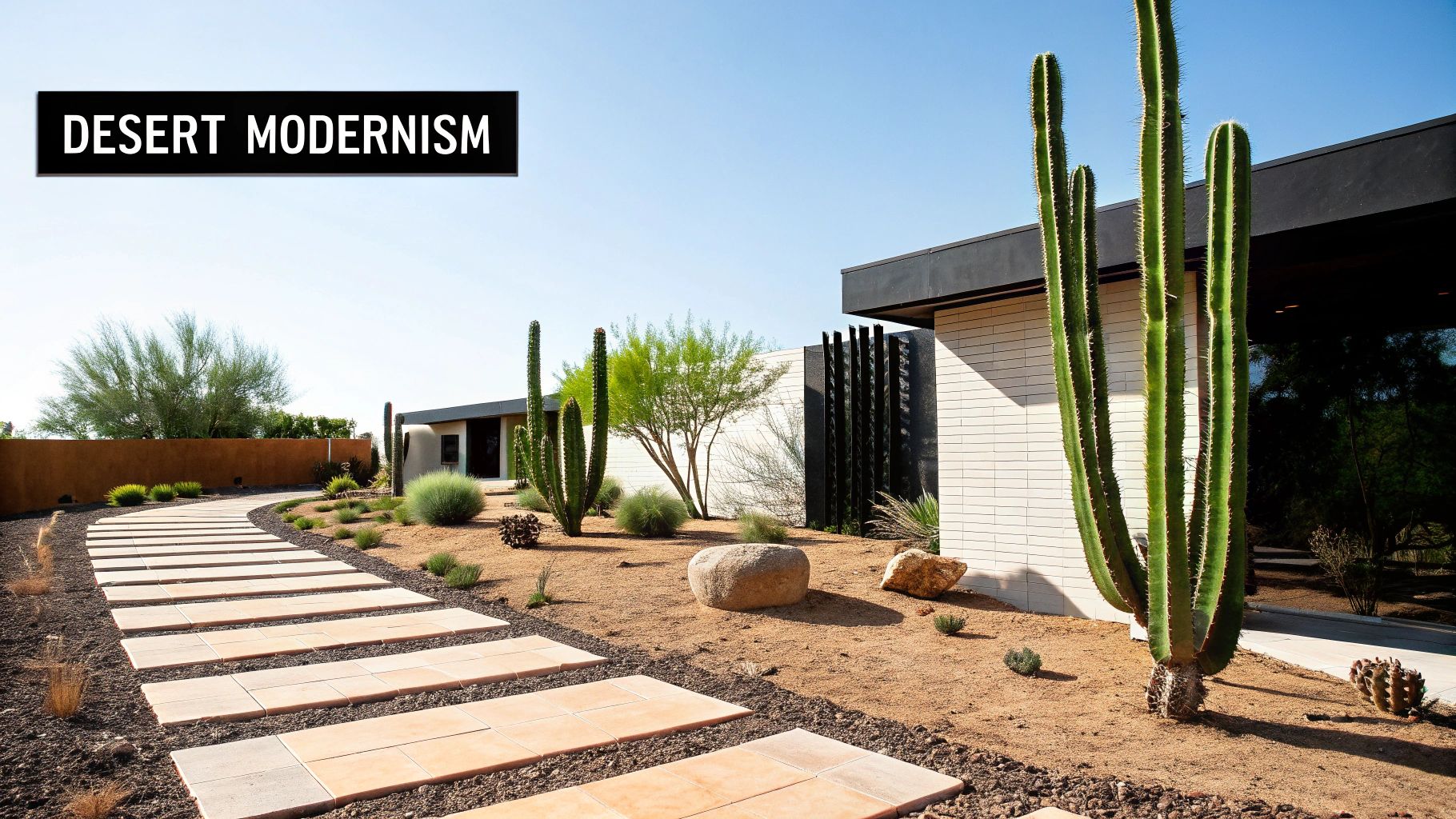 A modern desert landscape with tall cacti, shrubs, and a paved path leading to a contemporary house.