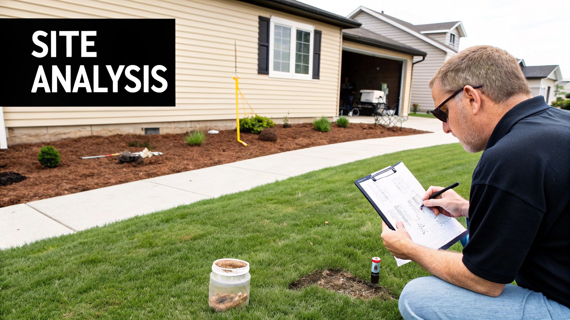 A landscaper conducts a site analysis, examining soil and taking notes in front of a house.