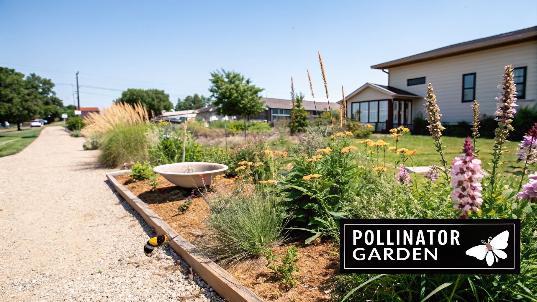 A vibrant pollinator garden with a sign, colorful flowers, a gravel path, and houses under a clear sky.