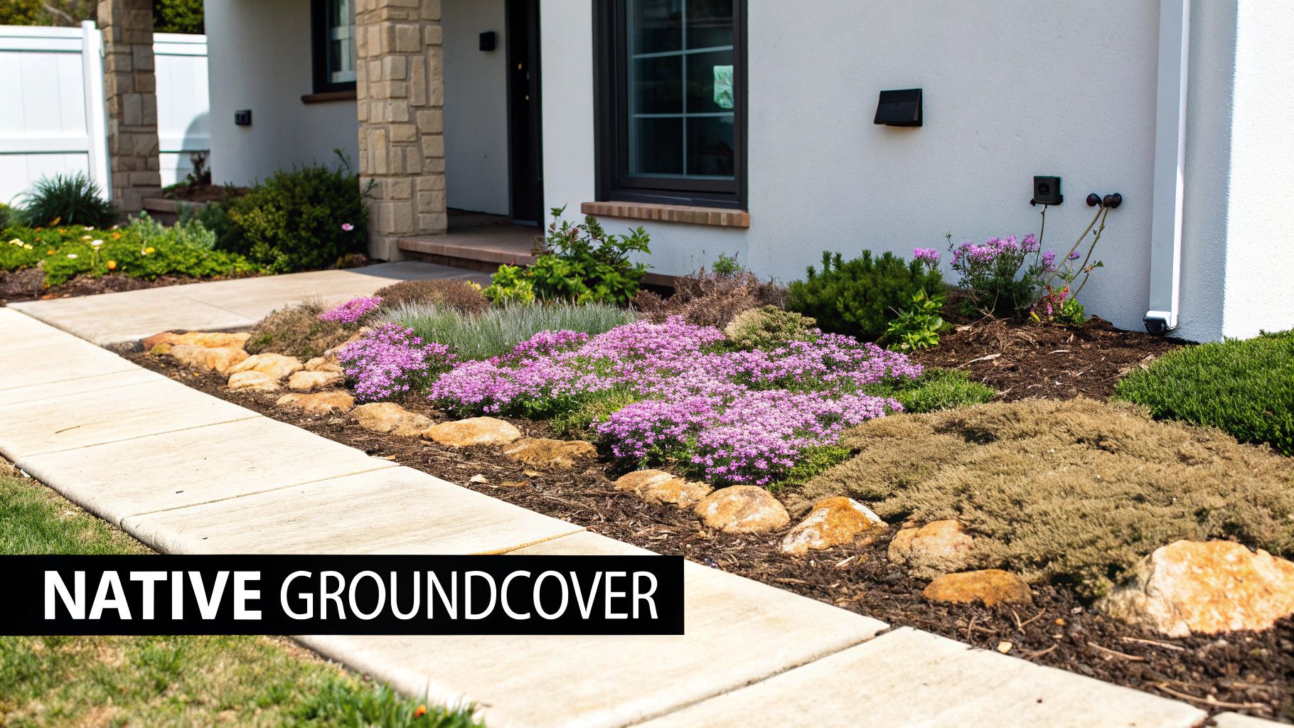 A beautiful garden with vibrant purple native groundcover flowers and other plants lining a concrete sidewalk next to a modern house.