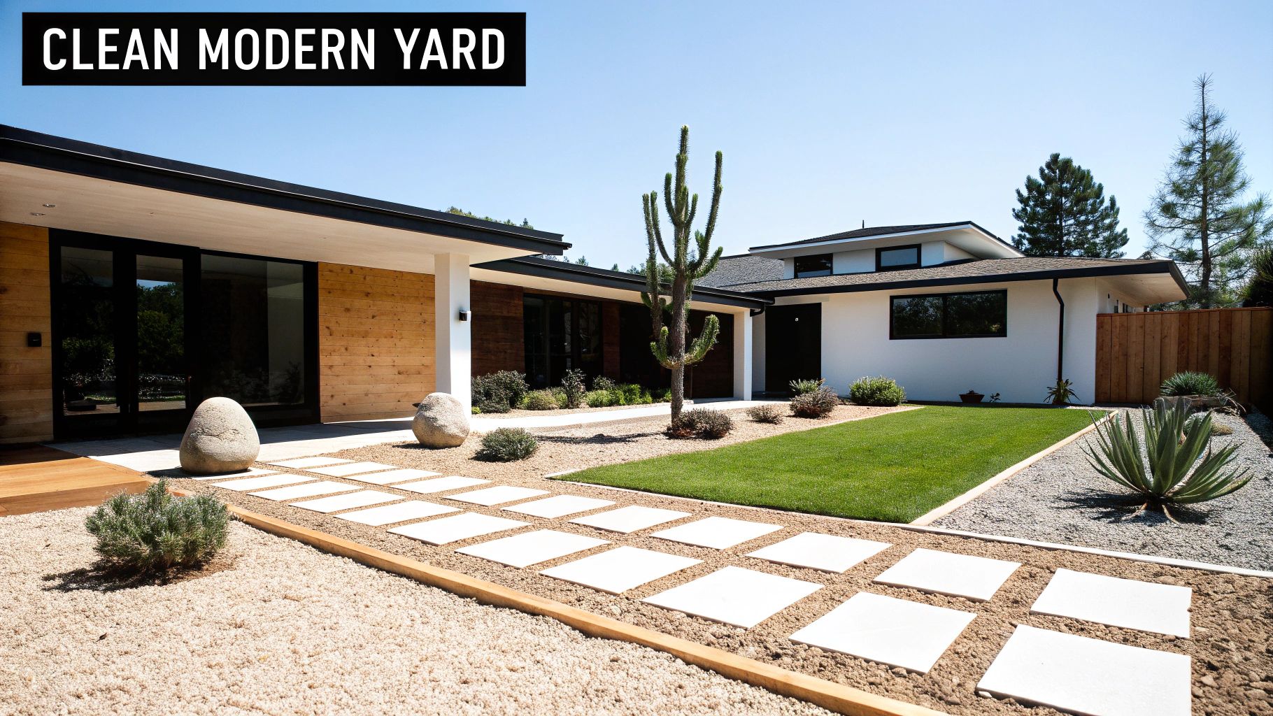 A clean, modern front yard with white paver path, green lawn, gravel, and drought-tolerant plants.