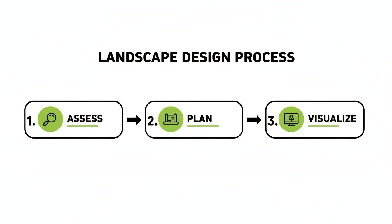 A diagram illustrating the three-step landscape design process: Assess, Plan, and Visualize with icons.