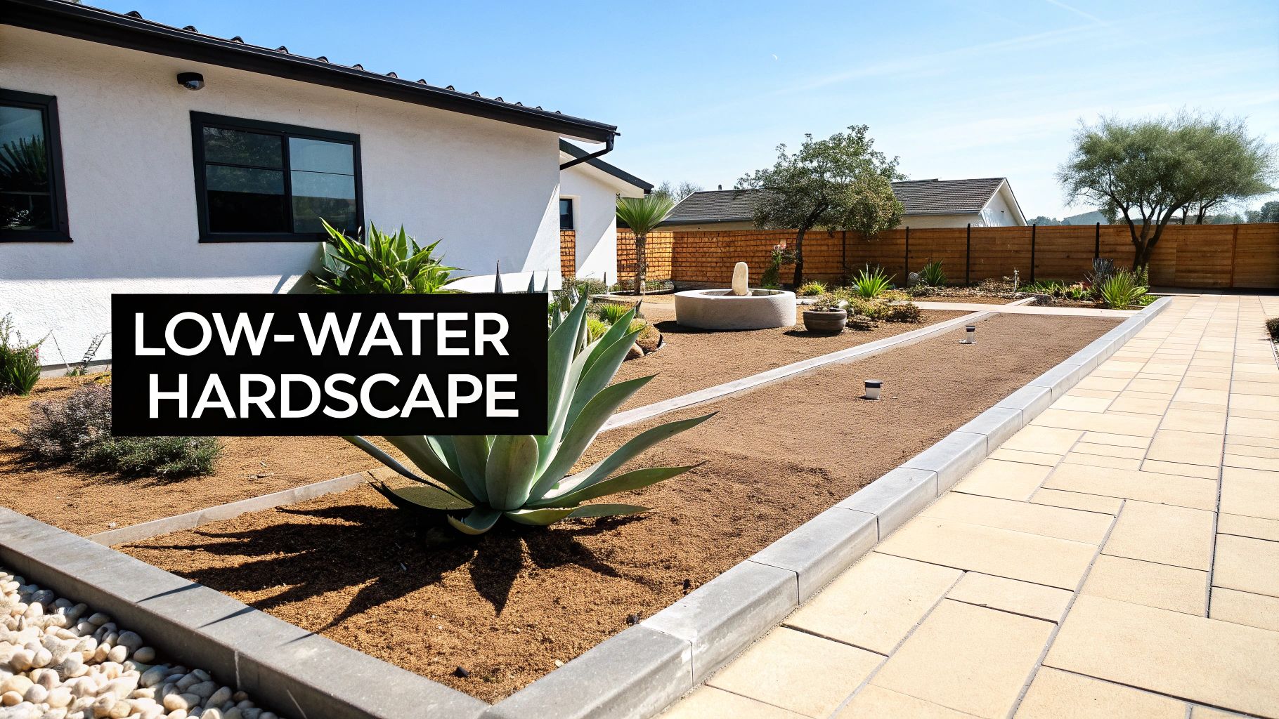 A low-water hardscape with agave plants, a paved path, a small fountain, and a modern house.
