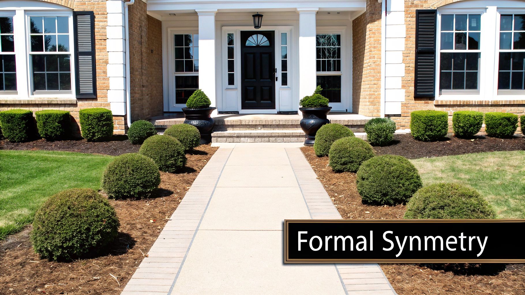 Symmetrical brick house entrance with a black door, formal walkway, and neatly trimmed green foundation plantings.