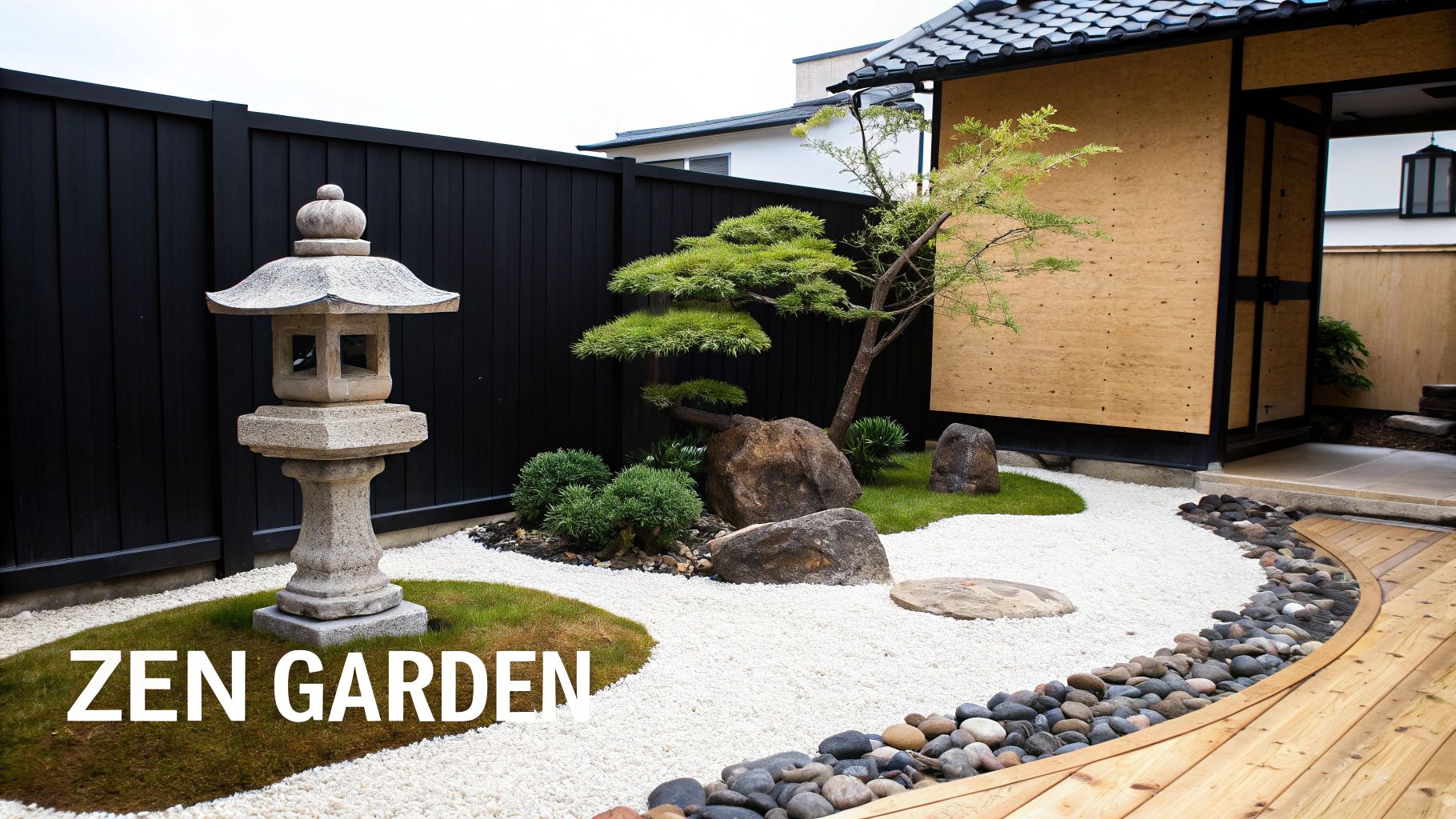 A serene Japanese Zen garden featuring white gravel, a stone lantern, green plants, and a curving wooden deck.