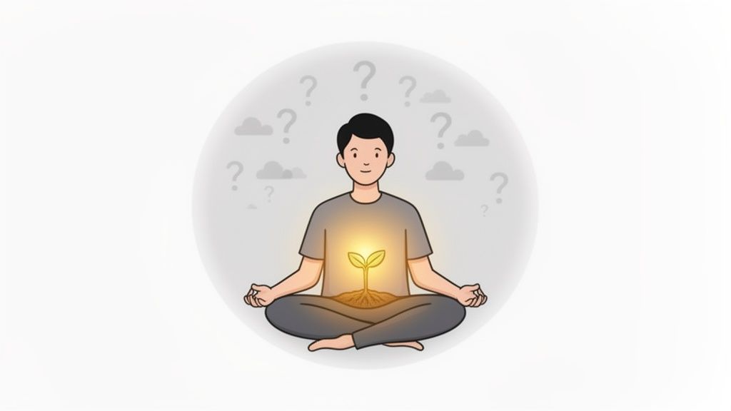 Illustration of a person meditating, cultivating inner growth amidst a cloud of questions.