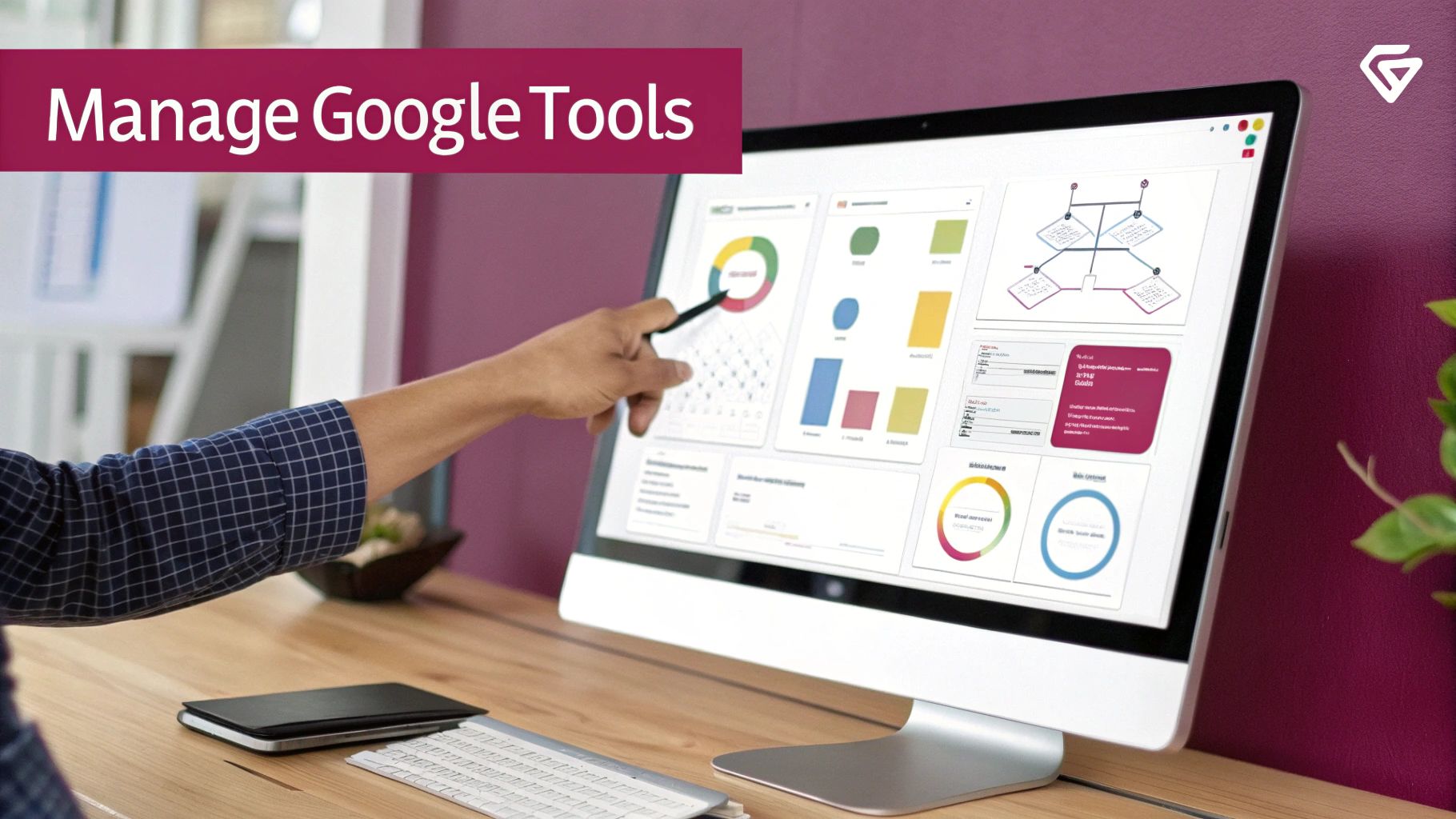 A person's hand points at a computer screen showing various data visualizations and charts. Text says 'Manage Google Tools'.