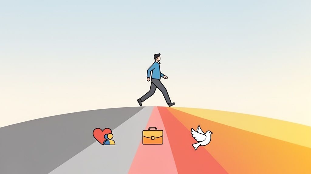 A person walks on a colorful path with icons representing relationships, career, and peace.