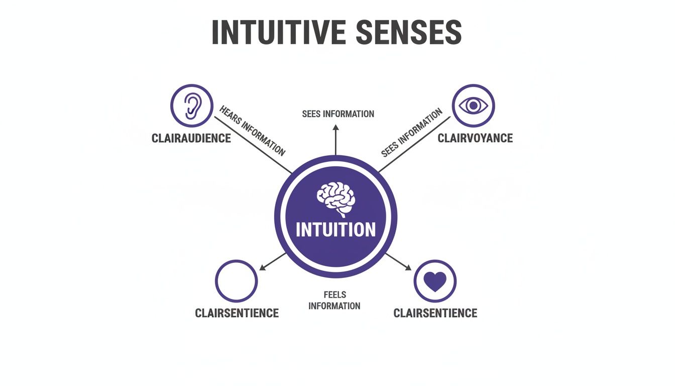Diagram illustrating intuition and its four intuitive senses: clairaudience, clairvoyance, and clairsentience.