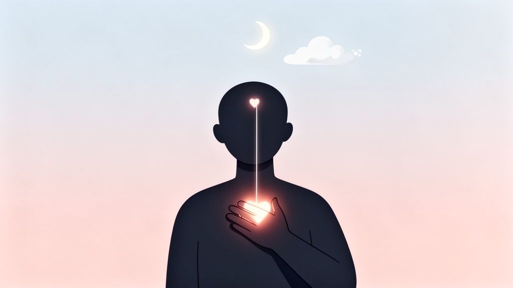 A silhouette of a person with a glowing heart in their head connected to their hand, symbolizing inner peace.
