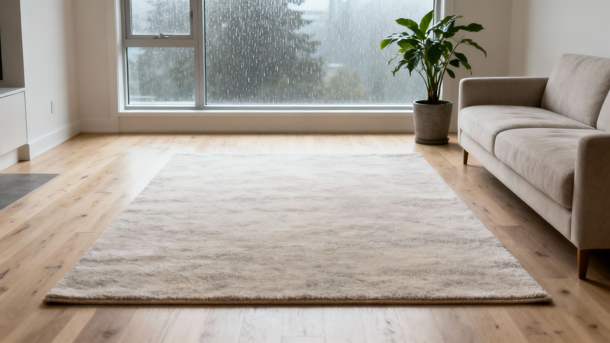 Minimalist beige area rug on light hardwood floor in modern living room with rain-streaked windows