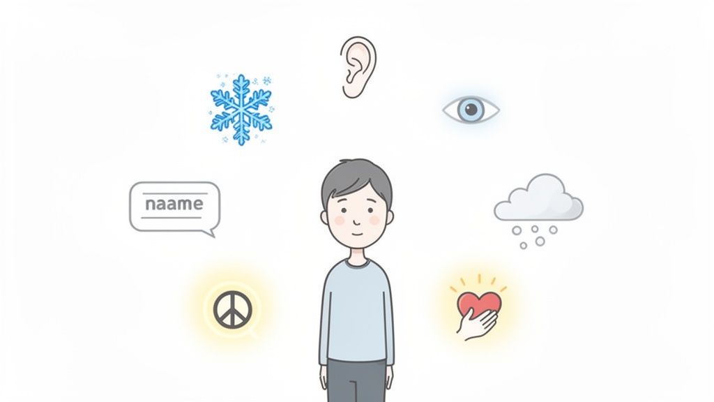 A person surrounded by icons representing senses, emotions, and concepts like cold, sight, hearing, speech, peace, and love.