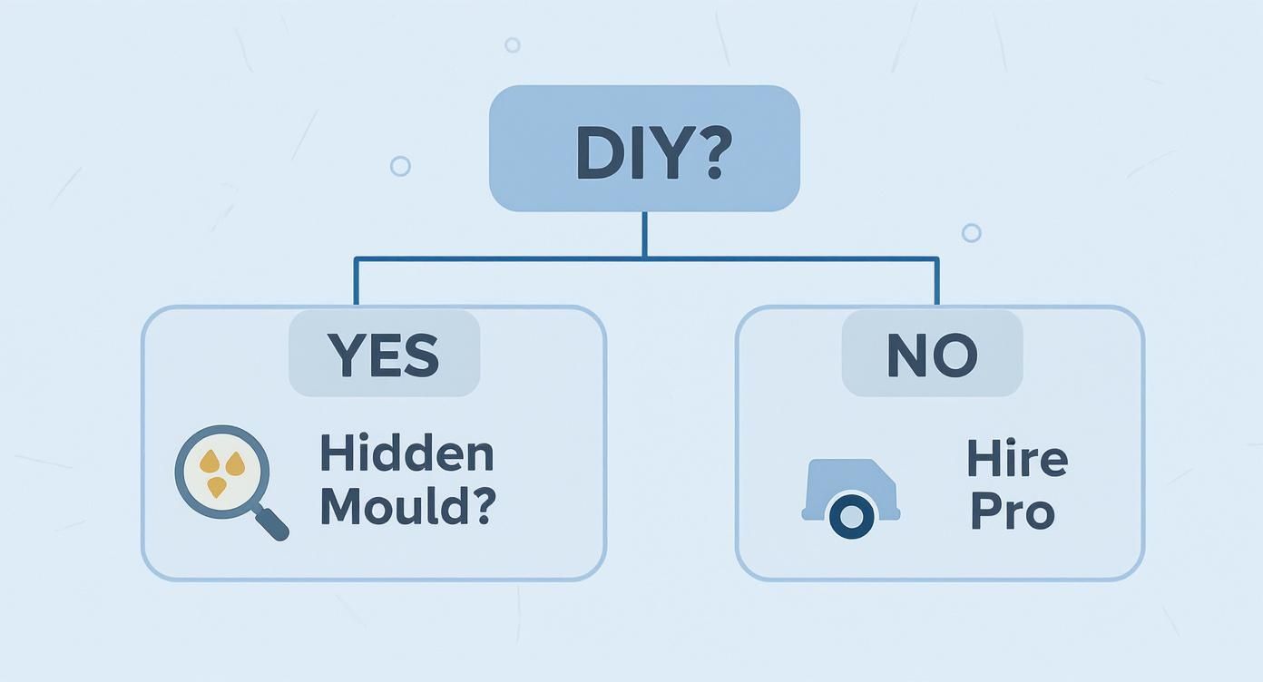 A flowchart asks 'DIY?'. 'Yes' leads to 'Hidden Mould?' with a magnifying glass, 'No' leads to 'Hire Pro' with a truck.