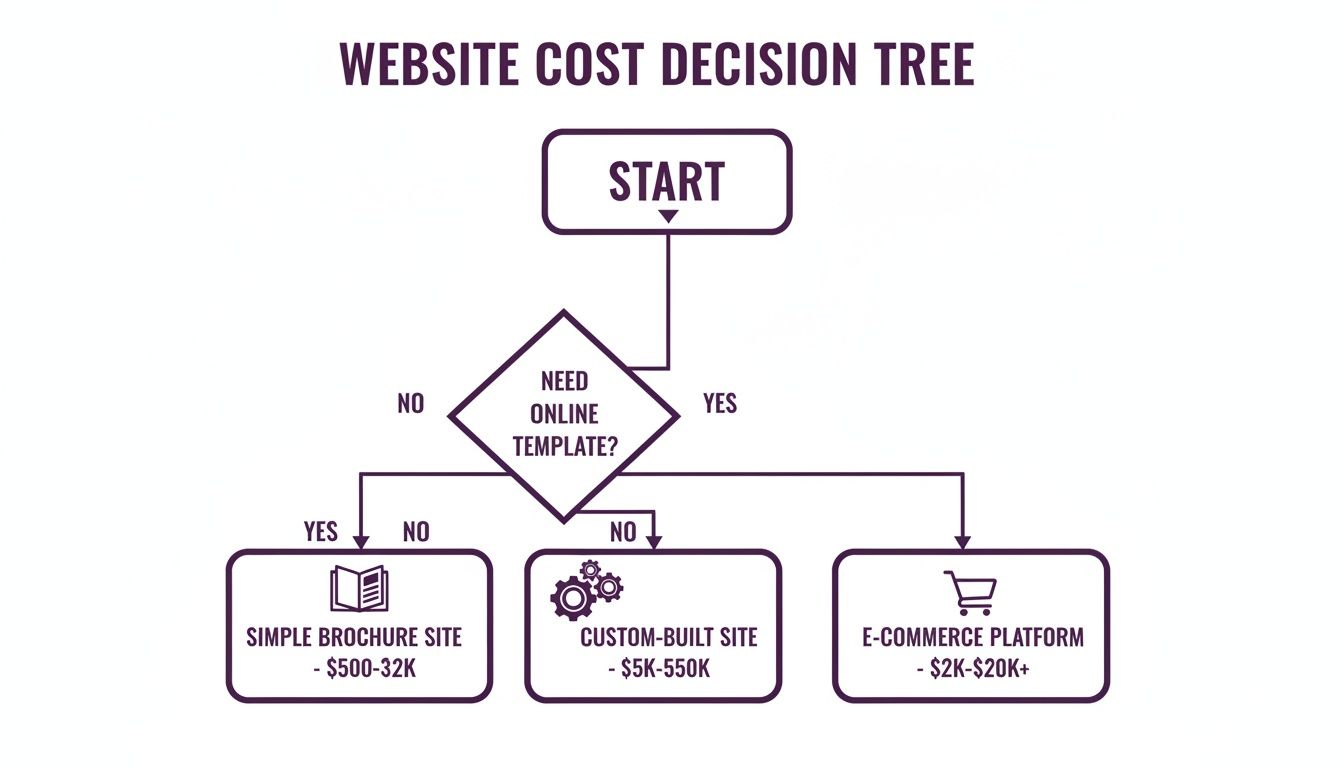 A website cost decision tree flow chart guiding choices based on template and platform needs.