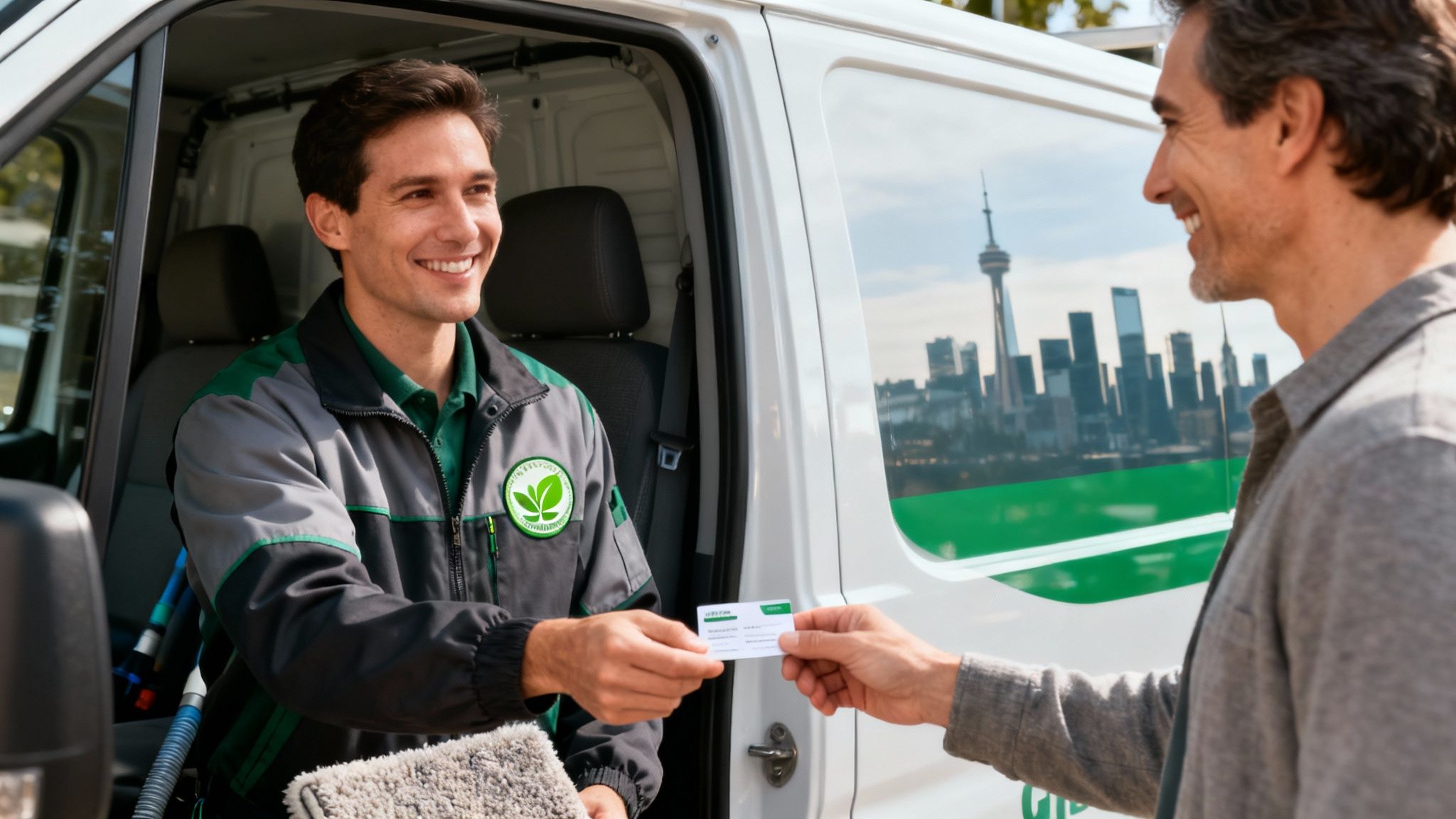A friendly technician from a Vancouver carpet cleaning service holding modern cleaning equipment and smiling.