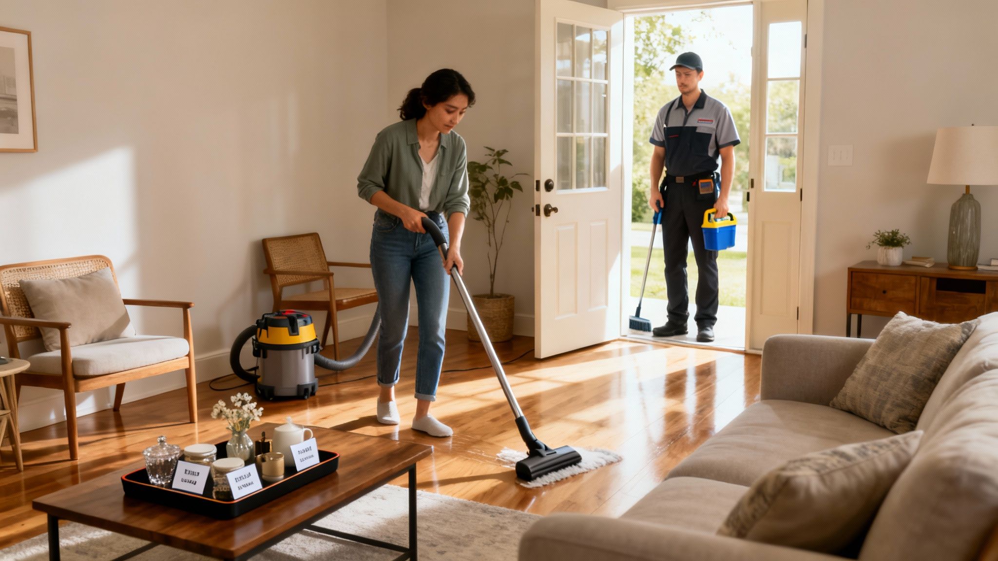 A woman mops a hardwood floor while a professional cleaner stands at the entrance with tools.