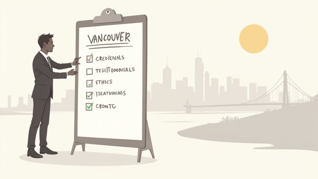 Business professional presenting checklist on board with Vancouver city skyline in background