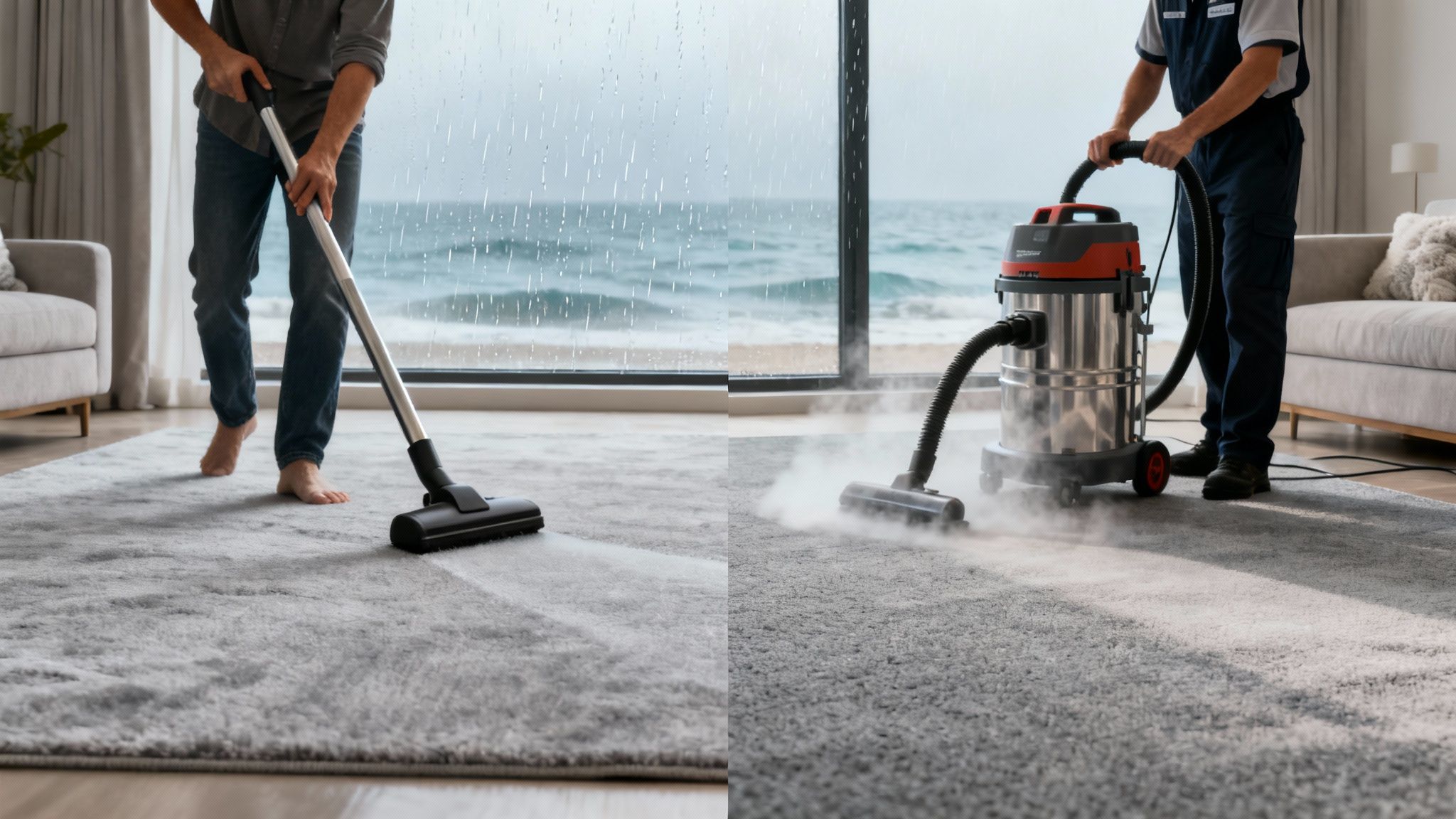 Close-up of a professional carpet cleaning wand working on a light-coloured carpet