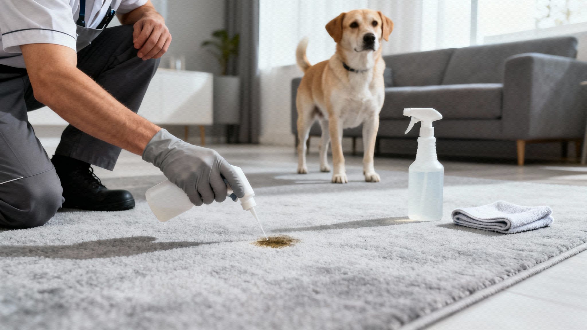 A person in grey gloves applies cleaning solution to a pet stain on a grey carpet, with a dog watching.