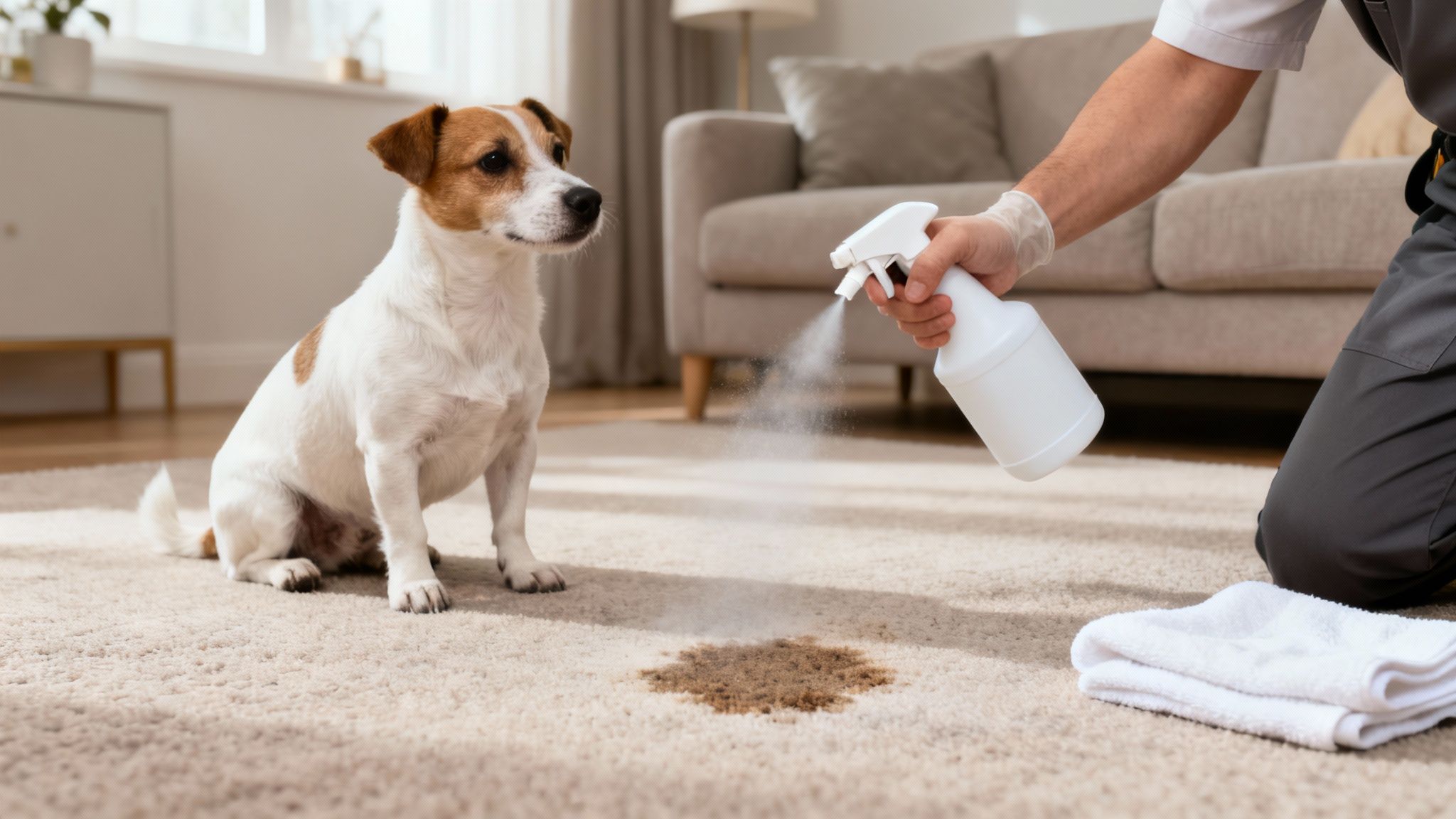 A professional cleaner sprays a dog mess on a light carpet while a Jack Russell dog watches nearby.
