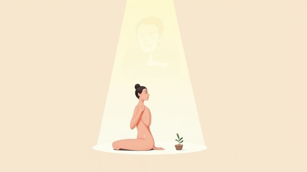 Woman kneeling with a plant under a spotlight, an ethereal face looking down.