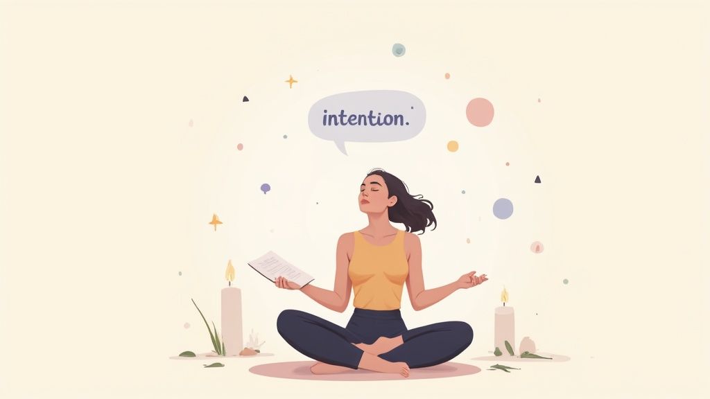 A calm and inviting space set up for a reading, with a soft throw, crystals, and a cup of tea.