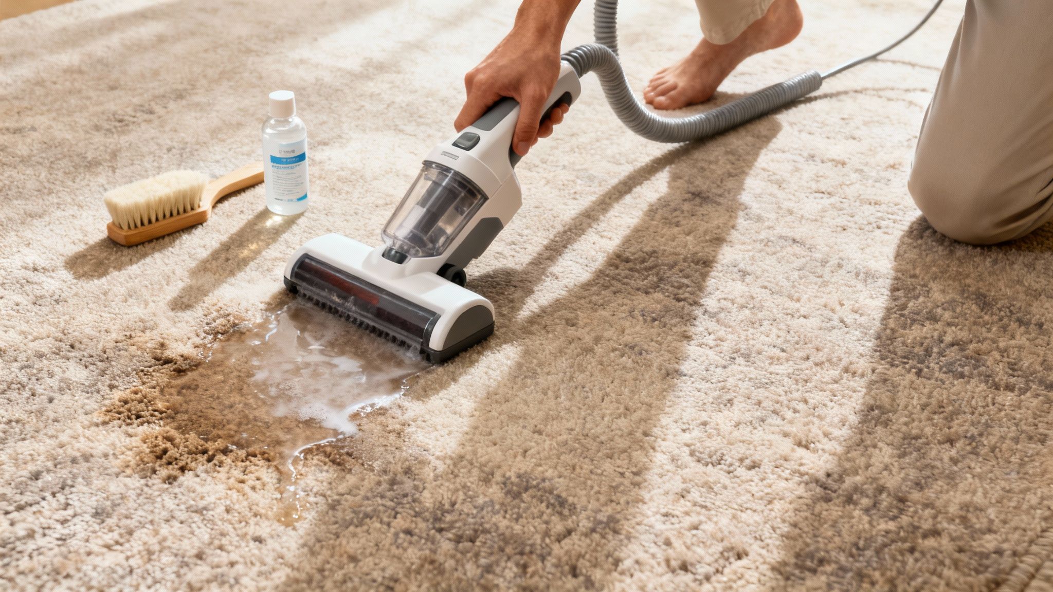 A person using a wet vacuum to clean a pet stain on a beige carpet.