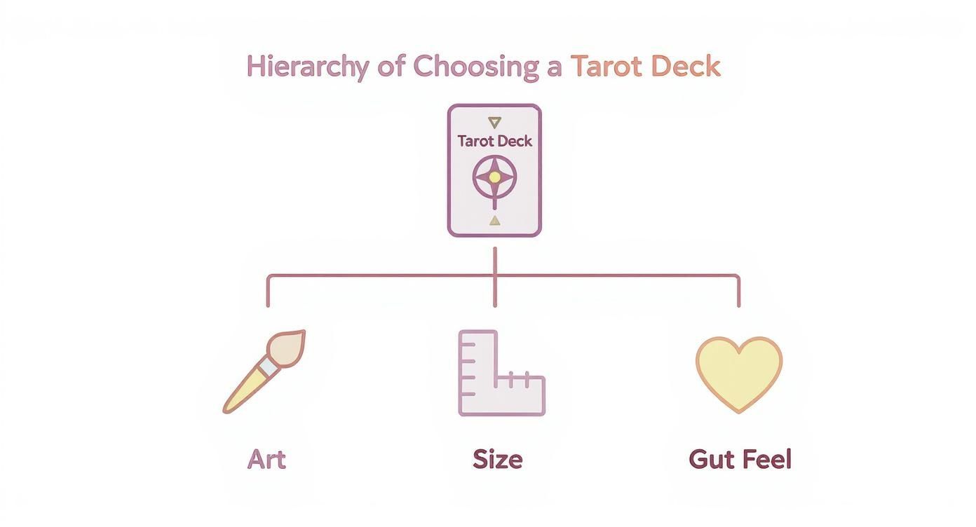 Infographic showing the hierarchy of choosing a tarot deck with icons for Art, Size, and Gut Feel.