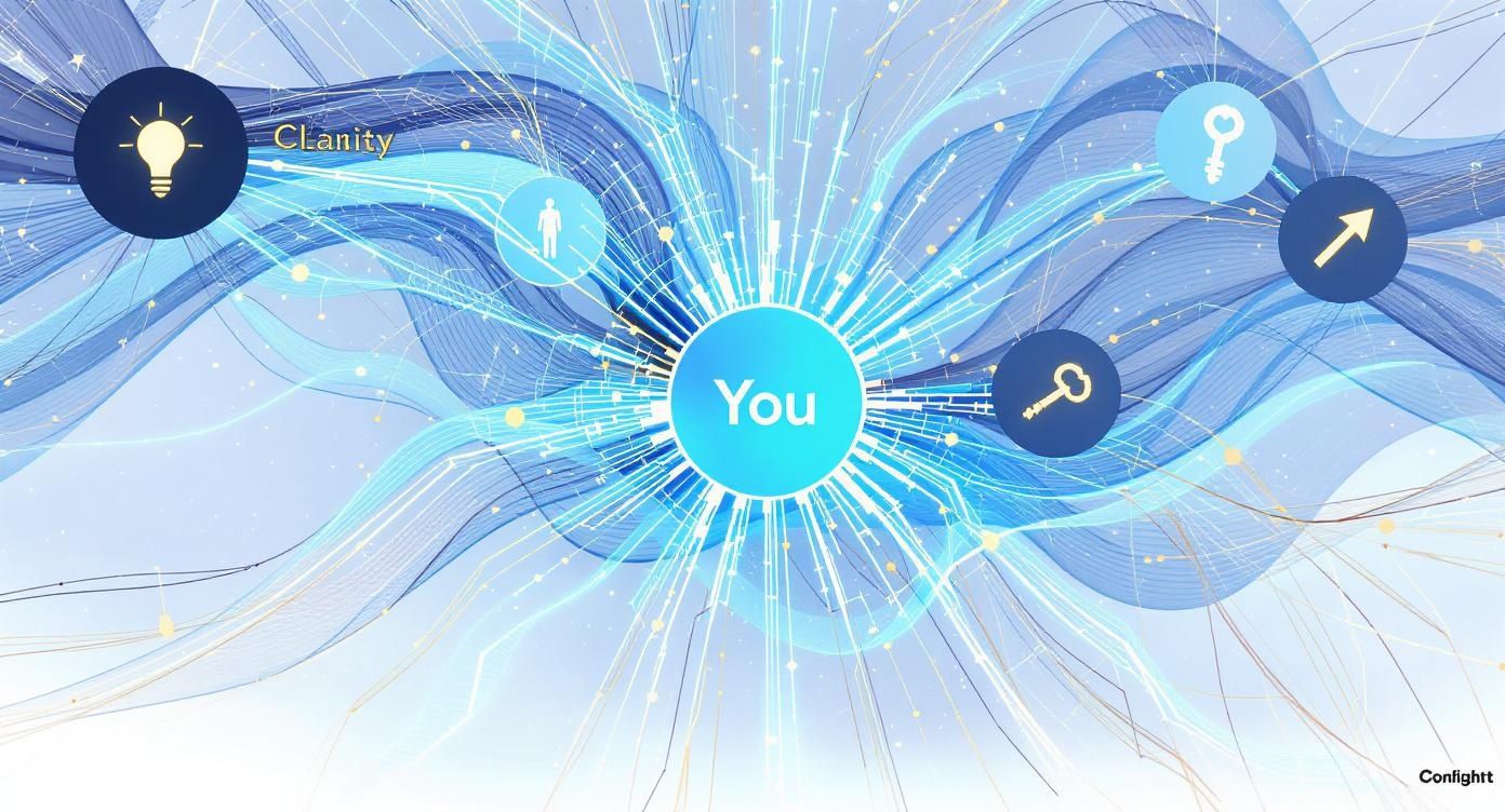 Abstract image of 'You' at the center, connected to concepts like clarity and keys to success.