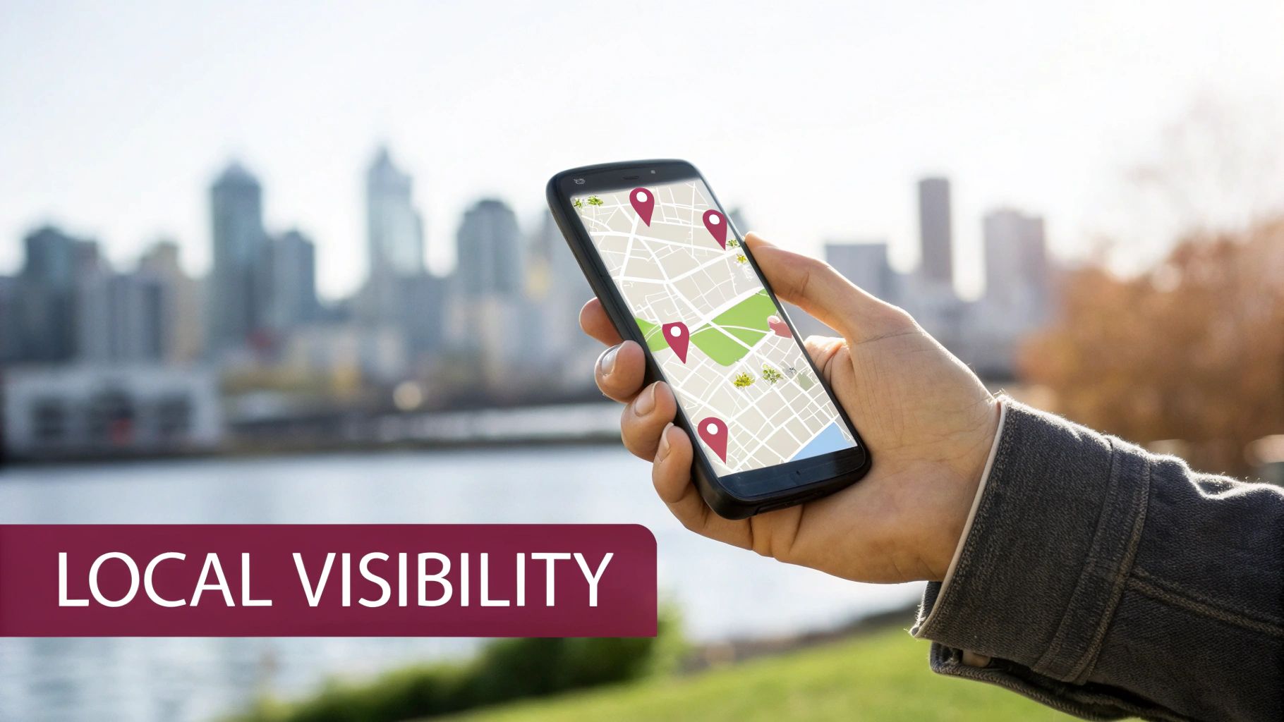 A hand holds a smartphone displaying a local map with pins, against a blurred city skyline.