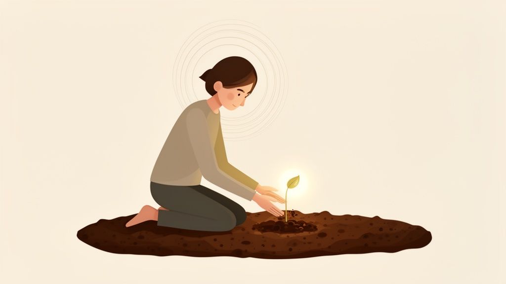 A person kneels on soil, gently nurturing a glowing green sprout with their hands, symbolizing growth.