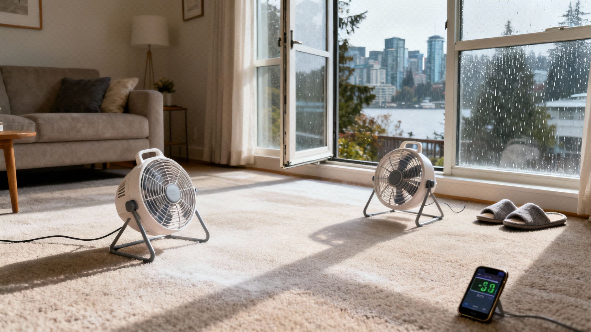 A person opening a window to let fresh air into a room with freshly cleaned carpets.