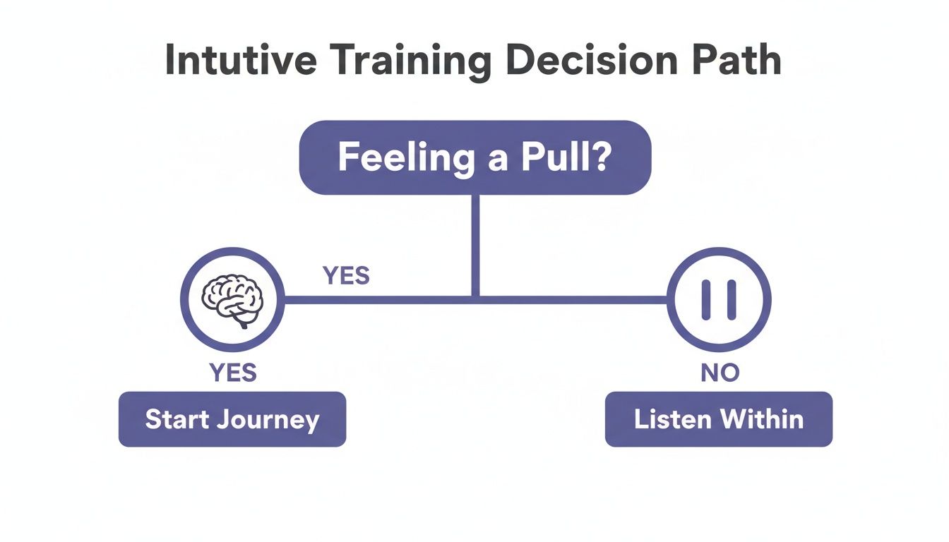 A flowchart for intuitive training decision path, asking 'Feeling a Pull?' leading to 'Start Journey' or 'Listen Within'.