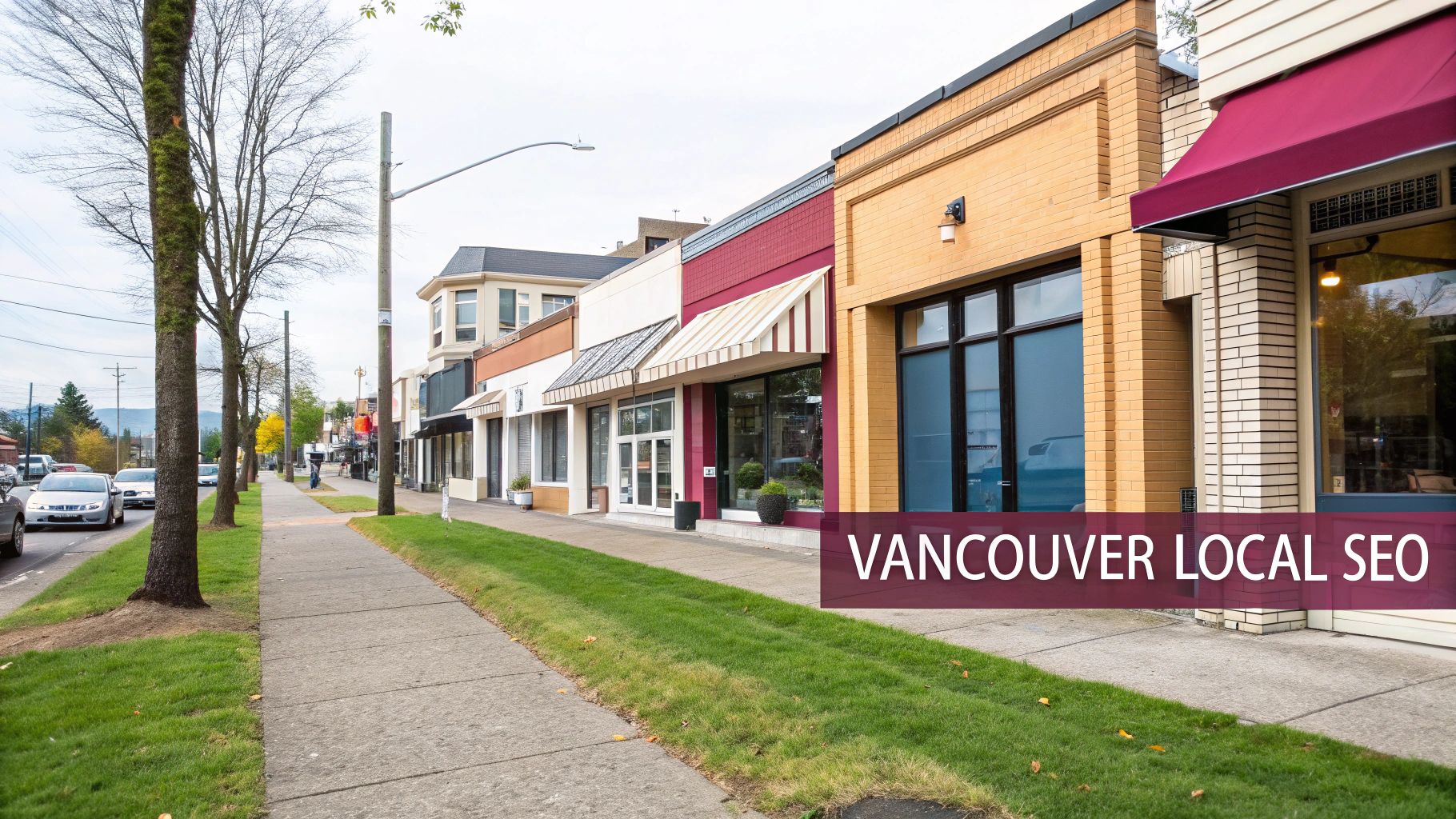 A vibrant street scene in Vancouver with a row of colorful local businesses, a sidewalk, and parked cars.