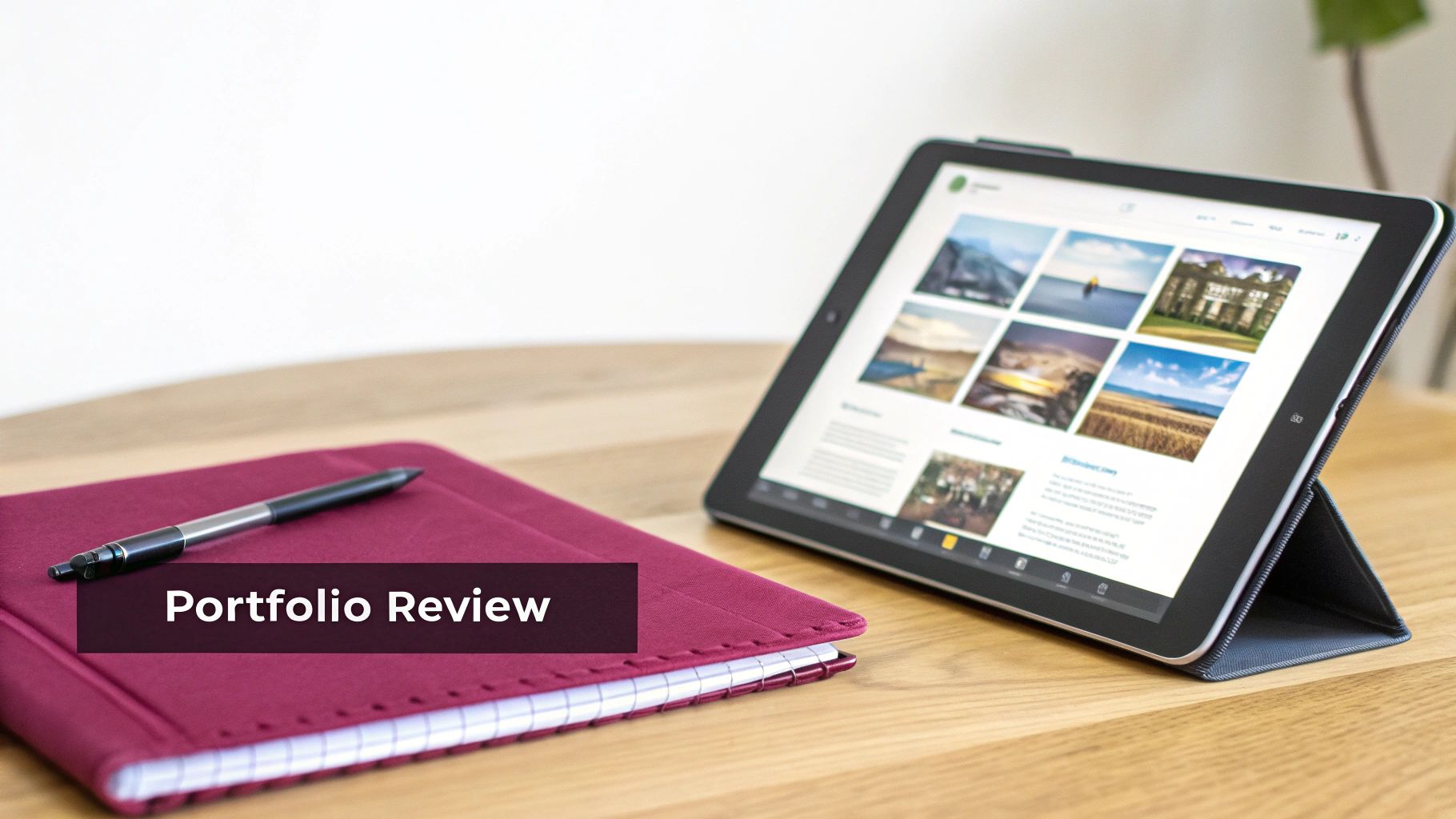 A tablet displaying a portfolio website, a burgundy notebook, and a pen on a wooden desk.