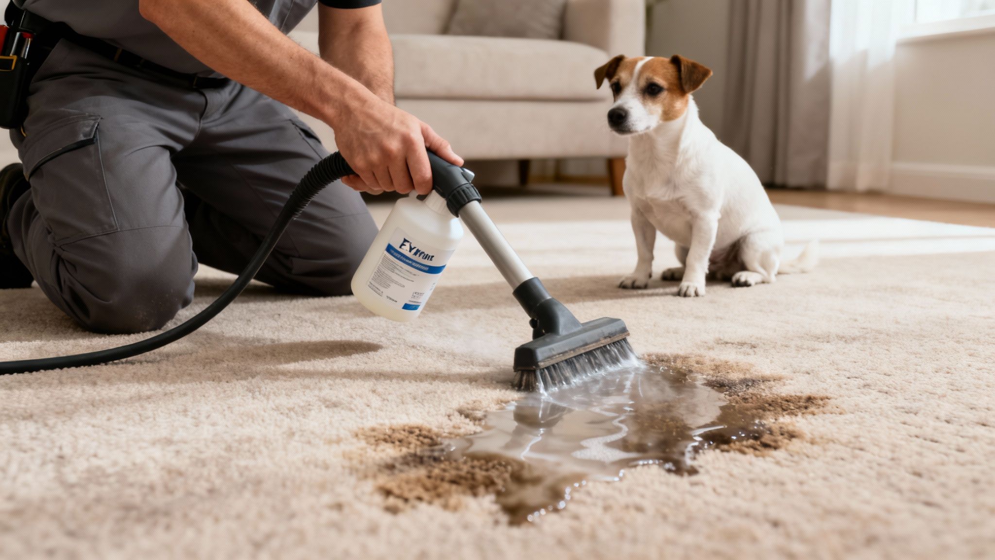 A professional is deep cleaning a stained carpet with a cleaning machine while a small dog watches.