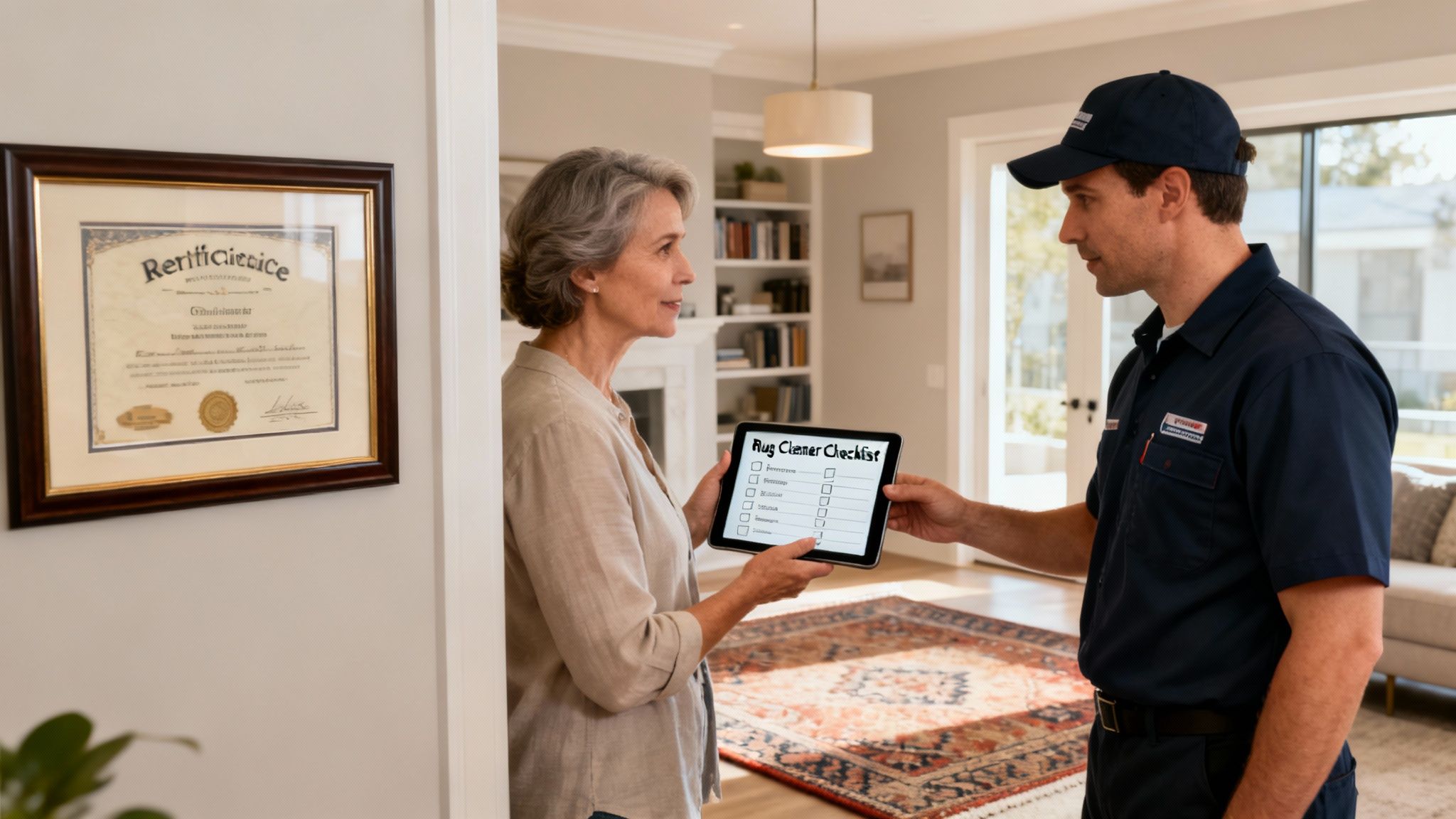 A cleaning expert wearing gloves carefully inspects the fibres of an area rug.