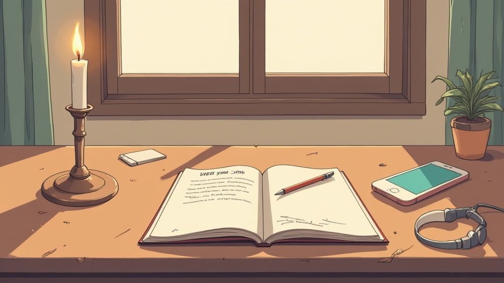 Open journal with pen on wooden desk beside candle and smartphone for reflection