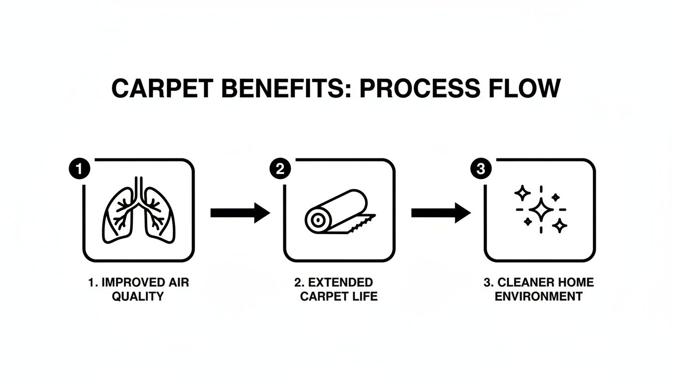 Diagram illustrating carpet cleaning benefits: improved air quality, extended carpet life, and cleaner home environment.