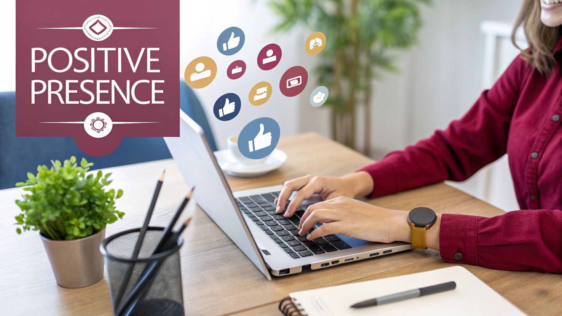 A person strategically arranging digital blocks, symbolizing the construction of a positive online presence.